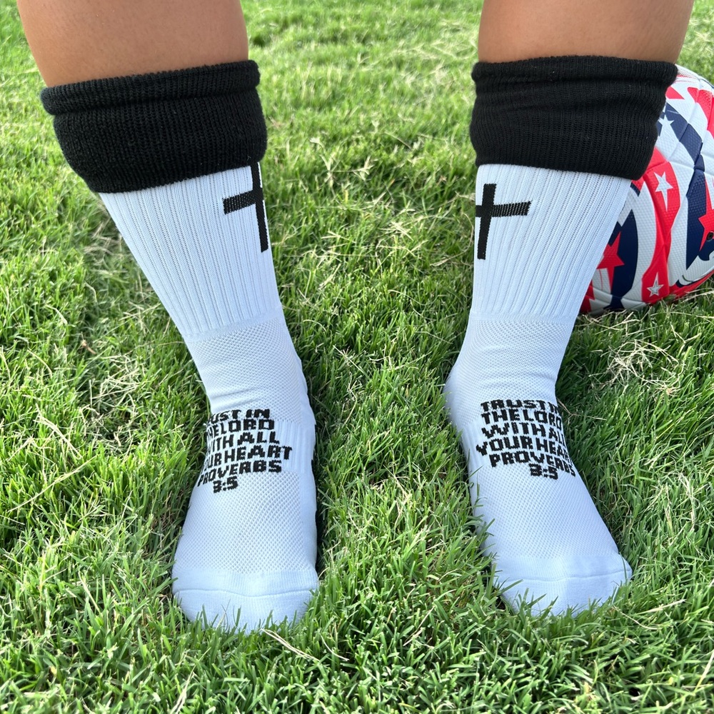 White and Black Religious Grip Socks
